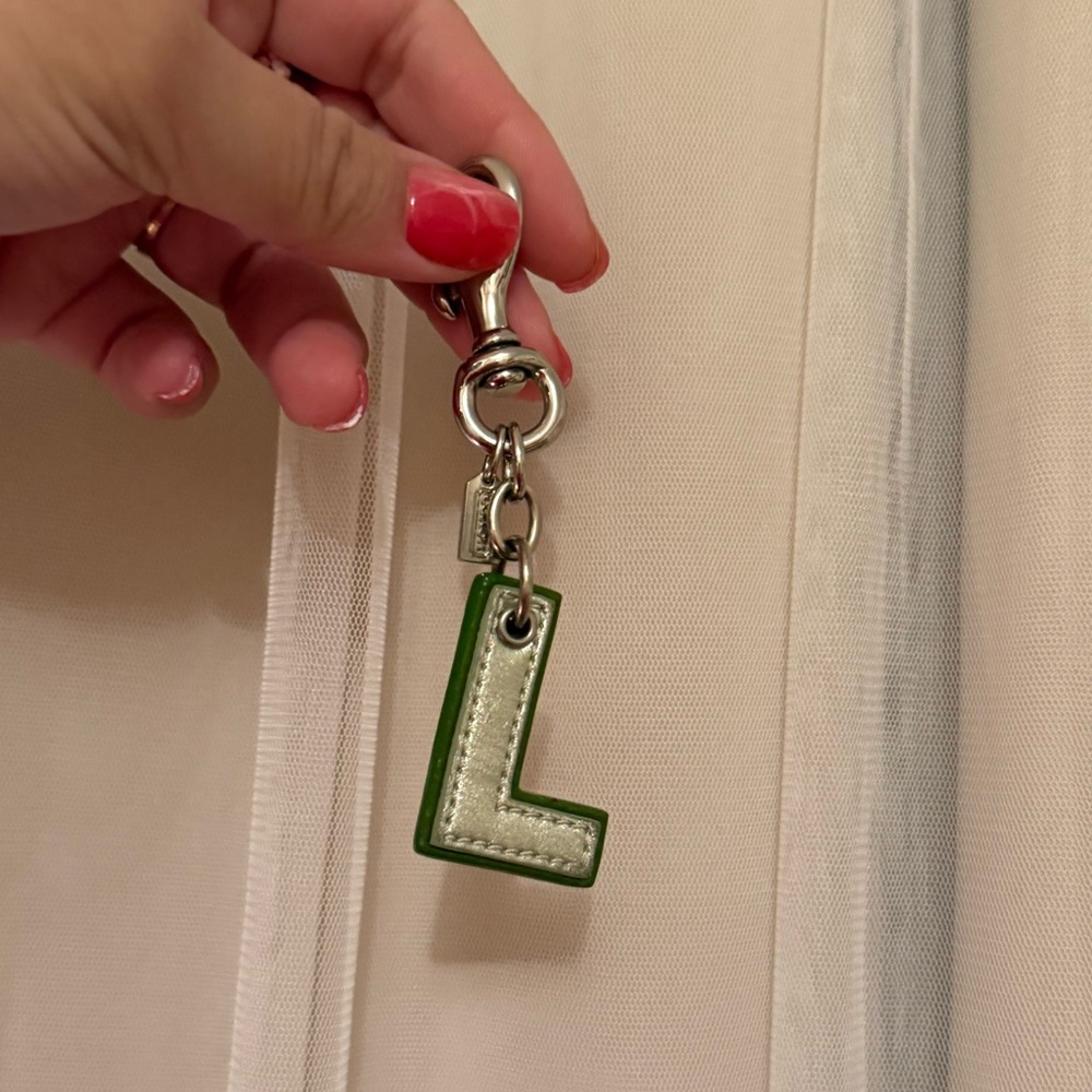Coach Silver L Initial Keychain with Green Trim Charm